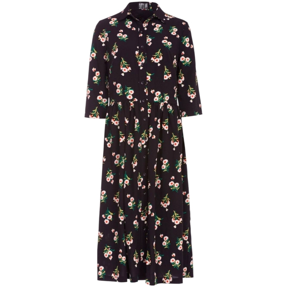 ModCloth Poppy Lux Floral Midi Dress Black "Retro Style" Sz:4
